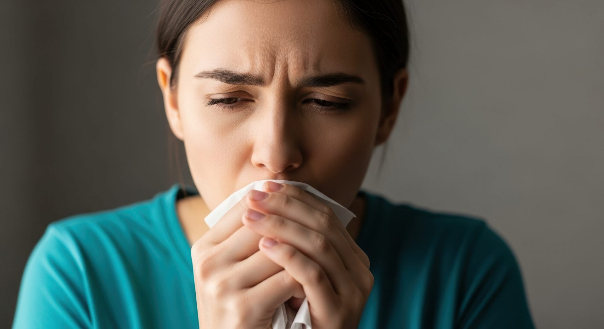 Tuberculosis concept: Woman suffering symptoms of tuberculosis and holding tissue. Tuberculosis is a serious infectious disease affecting lungs and potentially spreading to other organs.